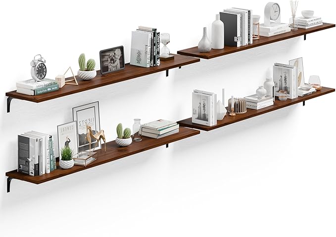 12 Inch Deep Floating Shelves Set of 4, 60 Inch Extra Long Walnut Solid Wood Wall Shelves, 5ft Heavy Duty Farmhouse Wall Moun