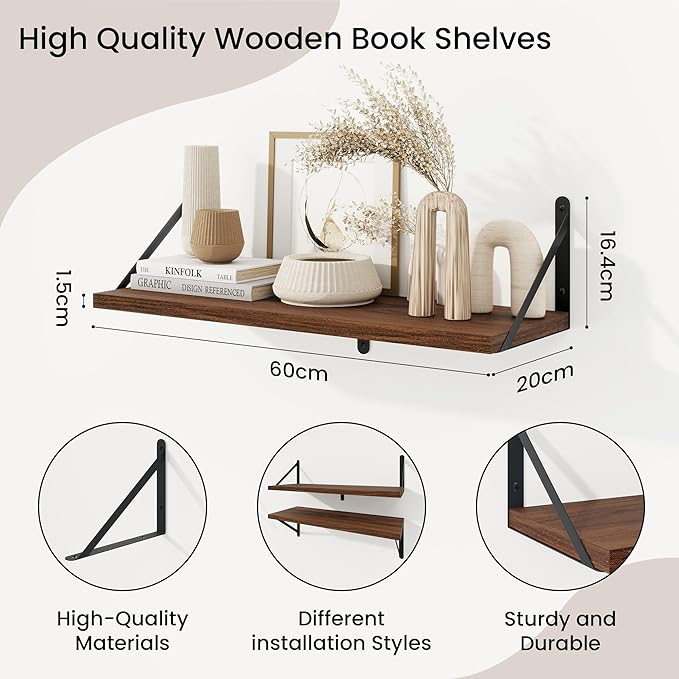 Shelves for Wall, Floating Bookshelves with Brackets, 24 inch Floating Shelves Set of 3, Wall Shelf for Kitchen, Bathroom, Be