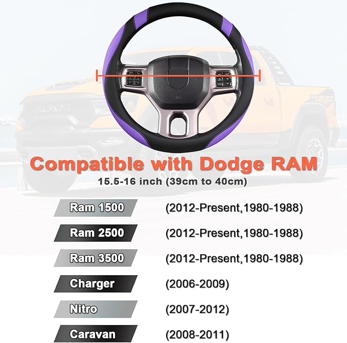 West Llama Customized Auto Car Steering Wheel Cover for Dodge RAM 1500 2500 3500, 15.5-16 inch (Black+Purple - Large Size)
