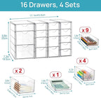 Vtopmart Acrylic Organizer with 16 Drawers (4 Set),Clear Storage Drawers for Office Supplies,Desk Organization and Storage fo