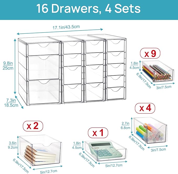 Vtopmart Acrylic Organizer with 16 Drawers (4 Set),Clear Storage Drawers for Office Supplies,Desk Organization and Storage fo