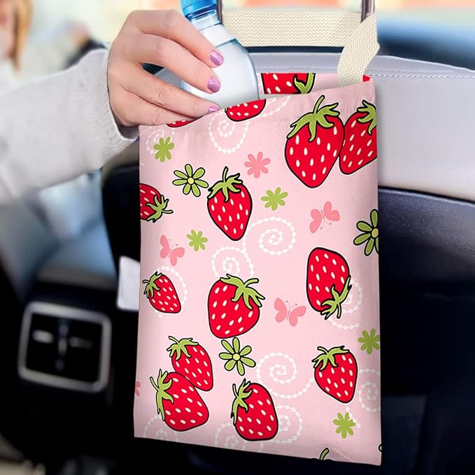Car Trash Bag Hanging No Snap Small Garbage Bag for Car Back Seat Cute Printed One-handed Strap Trash Bags Car Accessories-Strawberry Car Trash Bags
