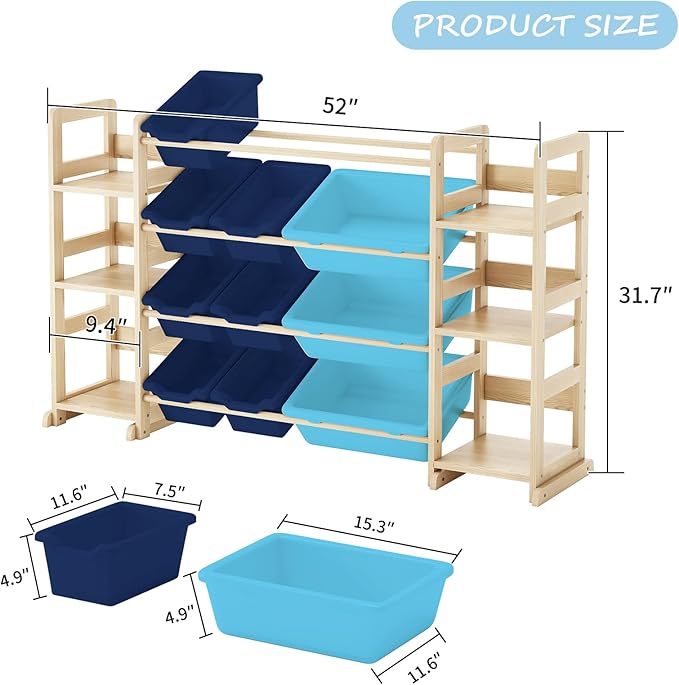 EXPERLAM Extra Large Toy Storage - Toy Storage Organizer, Wooden Toy Organizer with 6 Side Shelves and 12 Bins, 3-in-1 Booksh
