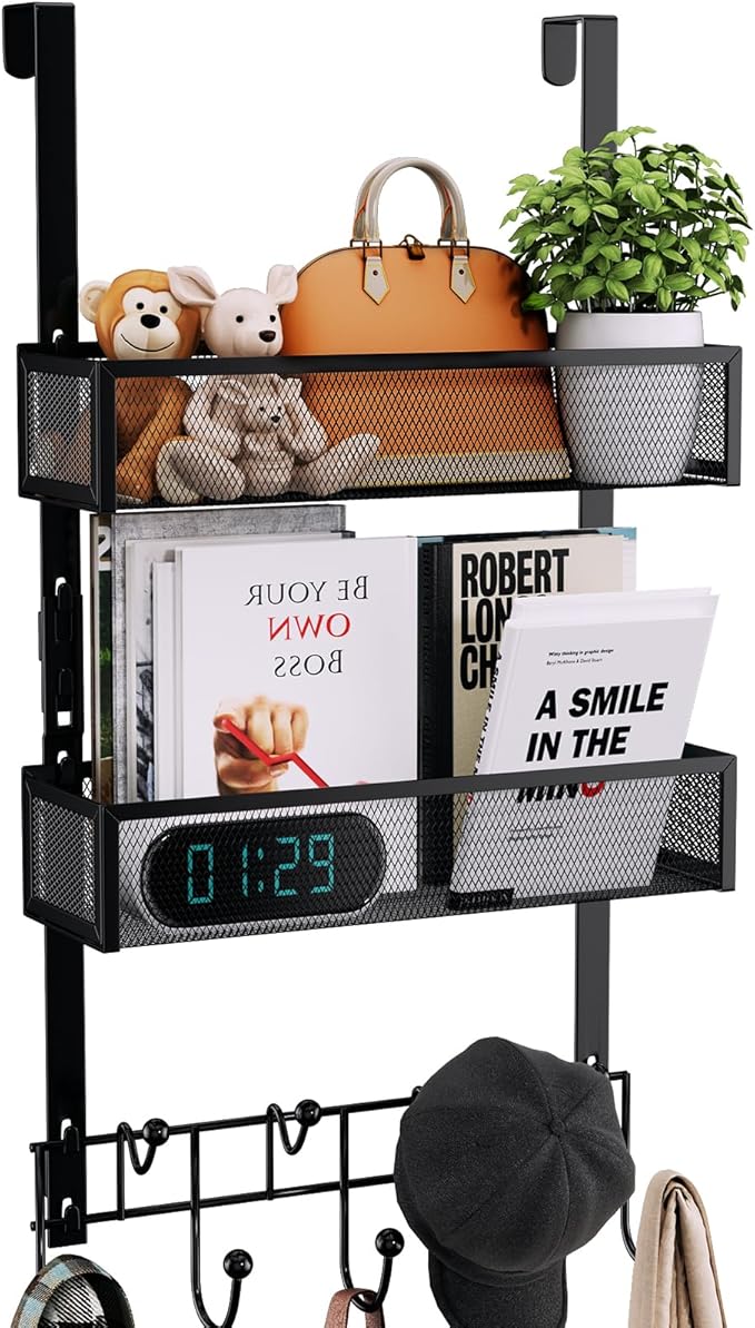 Consumest Over The Door Hooks Organizer - Extra Long Door Hanger with 9 Coat Hooks & 2 Mesh Basket, Back Storage Organizer Ha