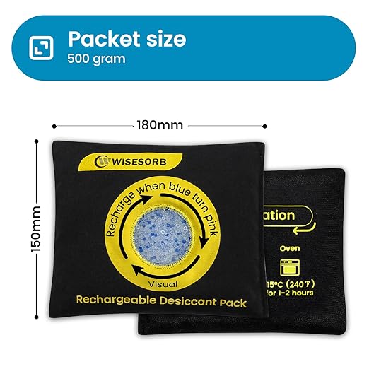 500g Reusable Silica Gel Desiccant Packs, Rechargeable Dehumidifier Moisture Absorbers with Color Indicator for Storage, Gun