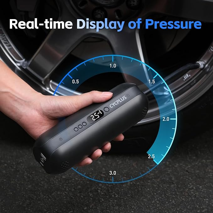CYCPLUS Tire Inflator Portable Air Compressor - 150PSI Cordless Air Pump with Digital Tire Pressure Gauge, Accurate LCD Display & LED Light, DC/AC 2-in-1 for Car/Motorcycle/E-Bike/Ball(2025 Version)