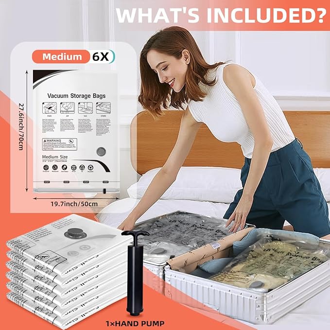 Vacuum Storage Bags, Space Saver Bags, Compression for Comforters and Blankets, Sealer Clothes Storage with Hand Pump. (6× Me