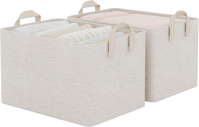 StorageWorks Storage Bins, Shelves Baskets for Organizing, Large Fabric Closet Organizers with Handles, Metal Frame, Beige-Co