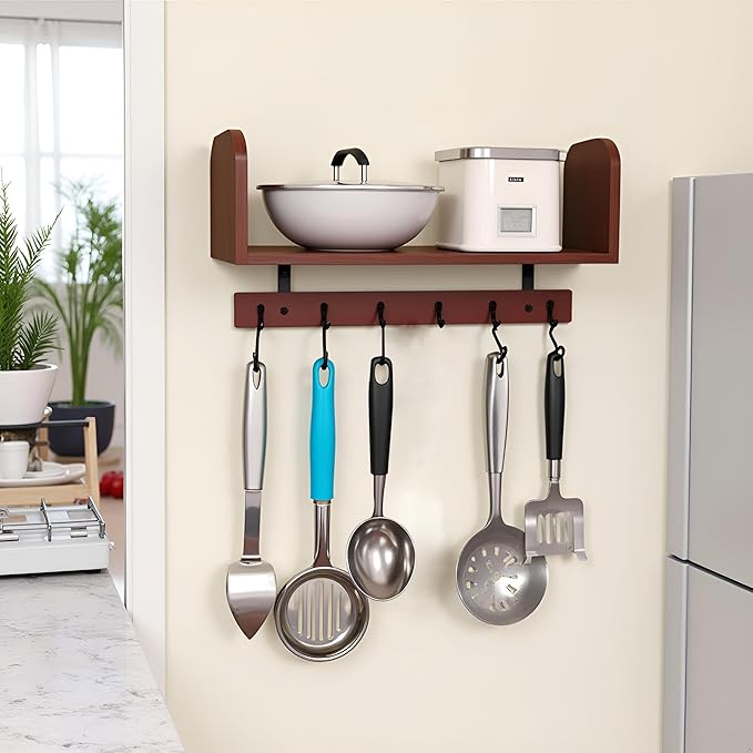 Selling at a Loss Promotion,Wooden Shelf with Hooks - Multipurpose Organizer for Kitchen, Books, Kitchen Shelf - Wall Mounted