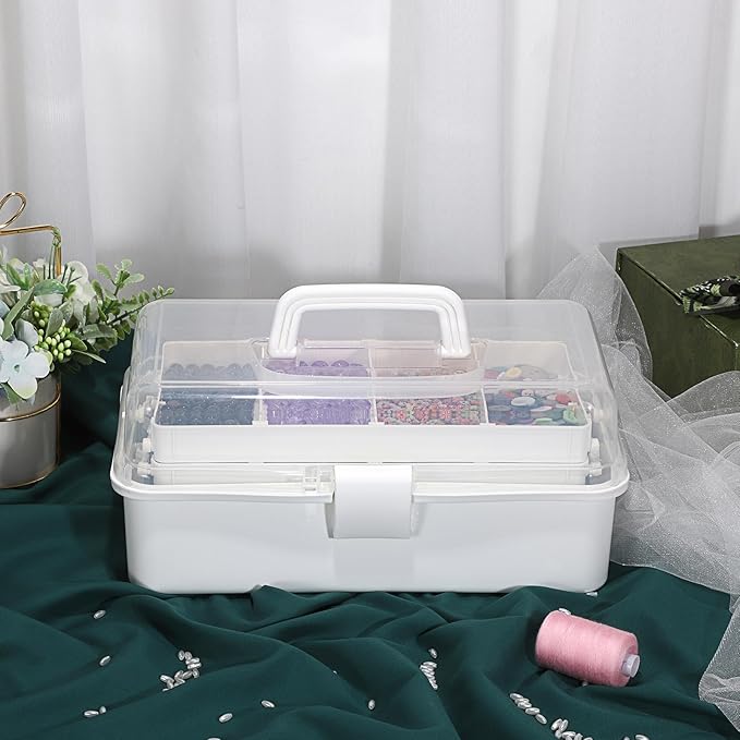 BTSKY 3-Layer Plastic Dividing Storage Box Craft Organizer with Adjustable Spacers Portable Handled Art Supply Organizer Mult