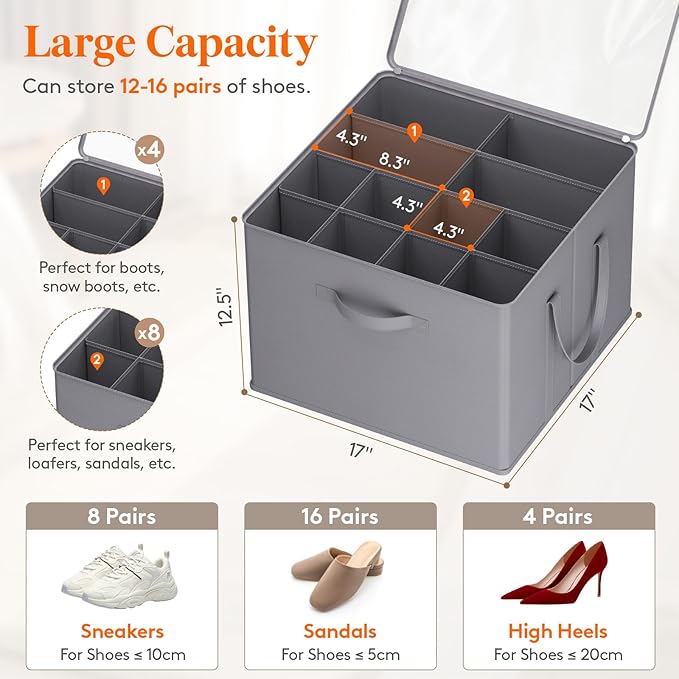 Lifewit Shoe Storage Organizer for Closet, Fabric Large Shoe Box Storage Containers with Clear Cover, Foldable Bins for Boots