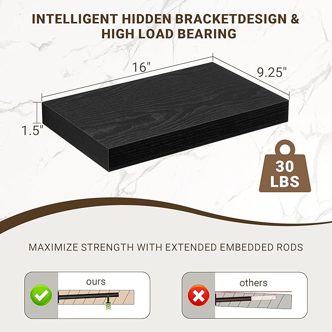 16 Inch Floating Shelves, 16"x9.25"x1.5" Inch Deep Floating Shelves for Wall, Wooden Shelves for Bathroom, Bedroom, Living Ro