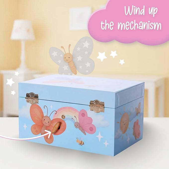 The Memory Building Co Butterfly Musical Jewelry Box Plays Classic Melody, Storage Organizer Music Box for Kids Ages 6-12, MD