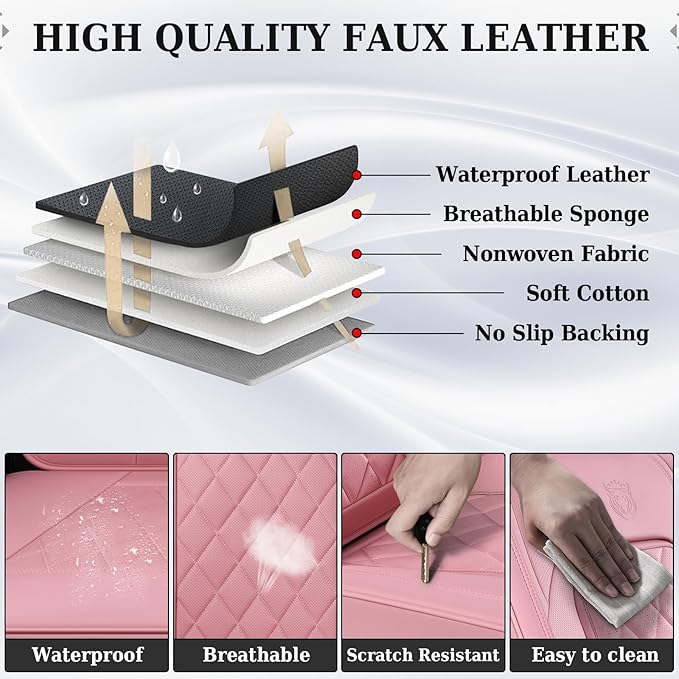 Coverado Car Seat Covers Full Set, Pink Leather Seat Covers for Cars, Universal Waterproof Car Seat Cover, Luxury Front and B