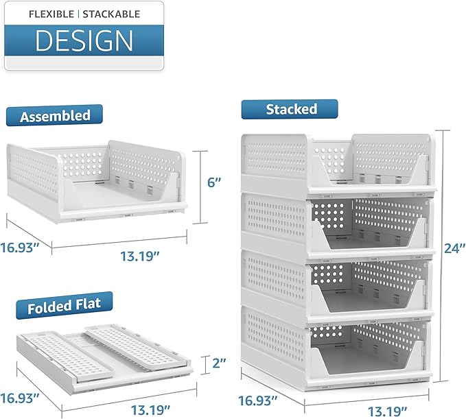 Sorbus 4 Pack Folding Closet Shelf Organizer for Clothes, Versatile Stackable Storage Baskets for Closet, Bathroom, Kitchen a