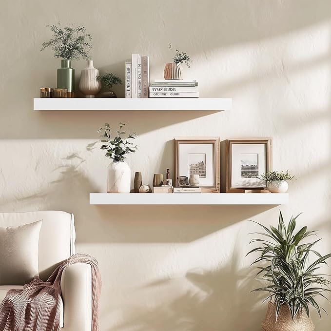 Floating Wall Shelves 30x6.8x1.7 Inch – Solid Wood Rustic Shelves in White Finish – Wall Mounted Heavy Duty Display Shelf for