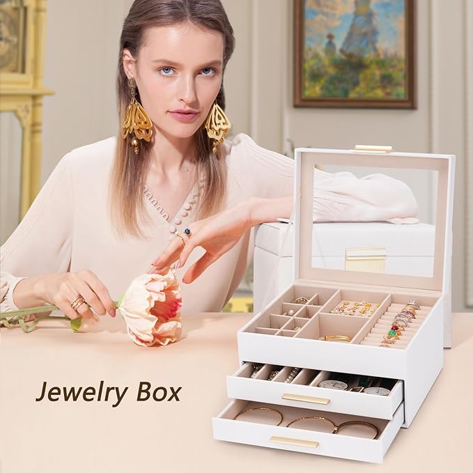 Jewelry Box for Women, 3-Layer Jewelry Box, Jewelry Organizer with Clear Glass Lid and Drawers, Jewelry Organizers and Storag