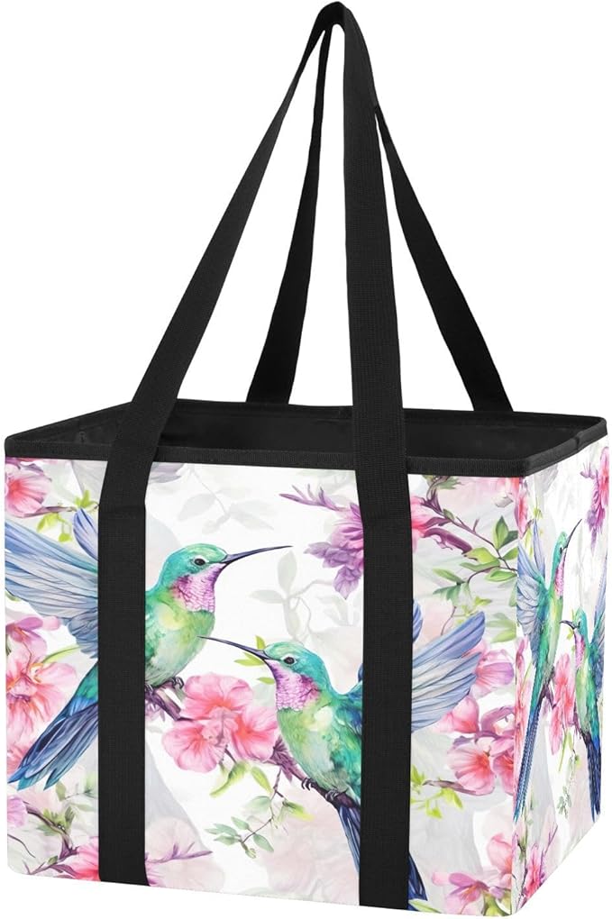 Hummingbirds Reusable Grocery Bags Large Shopping Tote Bag with Reinforced Bottom Board, Water Resistant Foldable Storage Bag