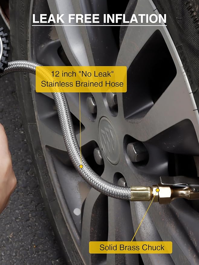 AZUNO Heavy Duty Tire Pressure Gauge, Tire Inflator Gauge 230PSI Air Chuck Air Compressor Attachments, with Steel Braided Hose, Large 2.6" Glow Dial & Quick Connect Coupler, for Truck/Car/SUV/RV/Bike