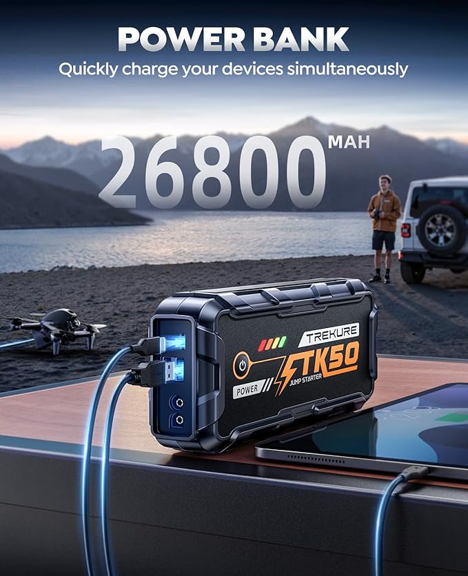 TREKURE Car Battery Jump Starter 8000A 26800mAh, Portable Car Jump Starter for All Gas and 12L Diesel Engines, Power