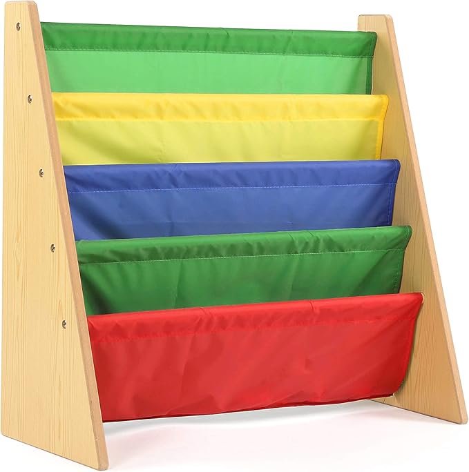 Humble Crew 4-Tier Kids Bookshelf, Natural Wood/Primary - Premium Book Shelf for Kids Rooms with Four Deep Pockets - Toddler 