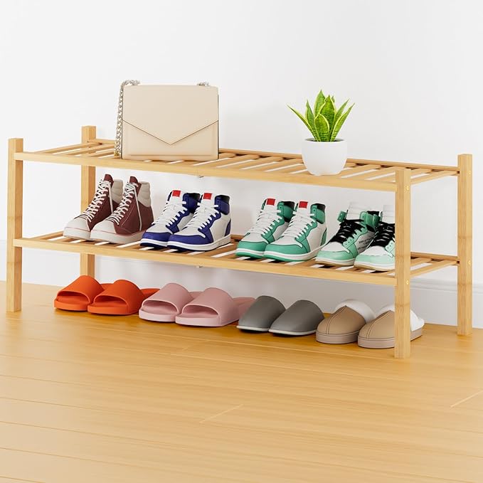 Smiry Shoe Rack, 2 Tier Thick Long Bamboo Shoe Organizer, Stackable Free Standing Wooden Shoe Storage Shelf for Closet, Entry