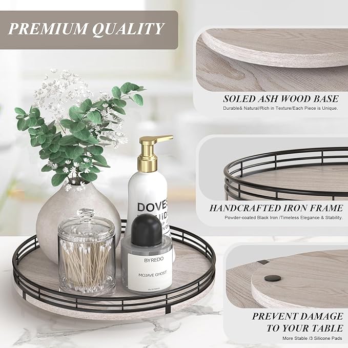 10" Oak Bathroom Vanity Tray Turntable for Perfume Candle, Round Wooden Decorative Tray for Kitchen Sink Countertop Organizer