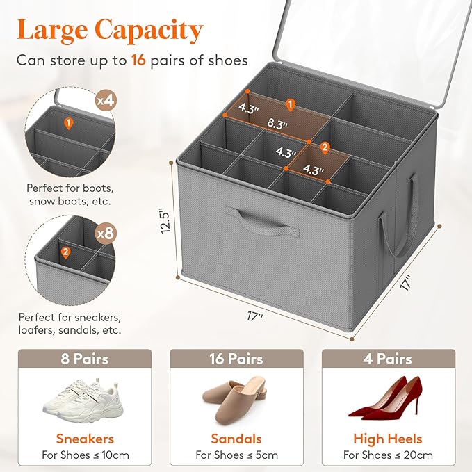 Lifewit Shoe Storage Organizer for Closet, Fabric Large Shoe Box Storage Containers with Clear Cover, Foldable Bins for Boots