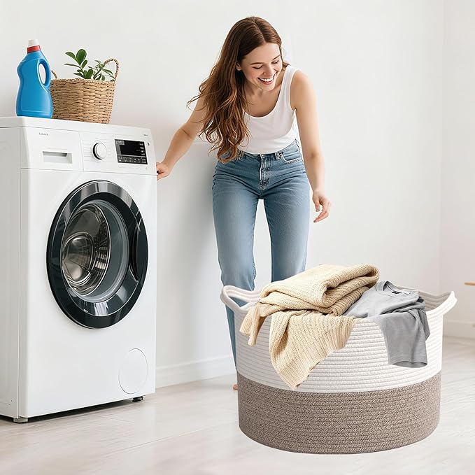 65L Large Woven Cotton Rope Blanket Basket with Handles, Laundry Hamper Storage Bin for Pillows, Clothes, Bedroom and Living 
