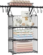 bukfen 3 Tier Hanging Closet Organizer, Wall Mounted Wire Storage Shelf with 4 Hooks, Foldable Stackable Organizer for Laundr