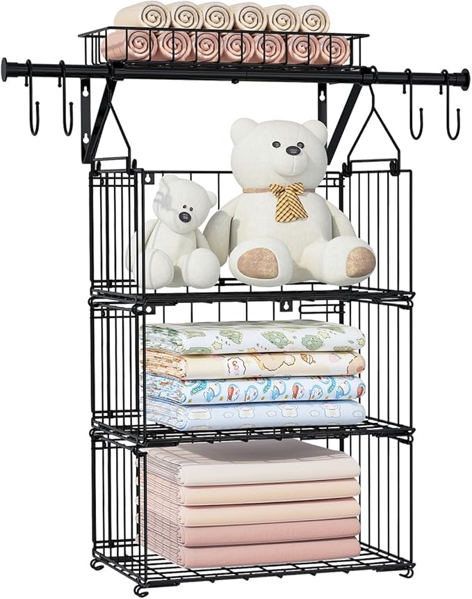 bukfen 3 Tier Hanging Closet Organizer, Wall Mounted Wire Storage Shelf with 4 Hooks, Foldable Stackable Organizer for Laundr