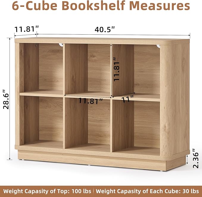 Joaxswe 6 Cube Storage Book Shelf, 40" Wide Low Horizontal Bookcase with Curved Edge, Floor Standing 2-Tier Wooden Bookshelf 