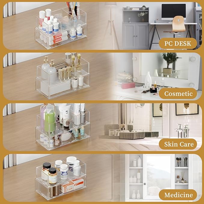 2 Tier Medicine Cabinet Organizer and Storage,Stackable Bathroom Medicine Organizer with Removable Dividers, Plastic Vanity S