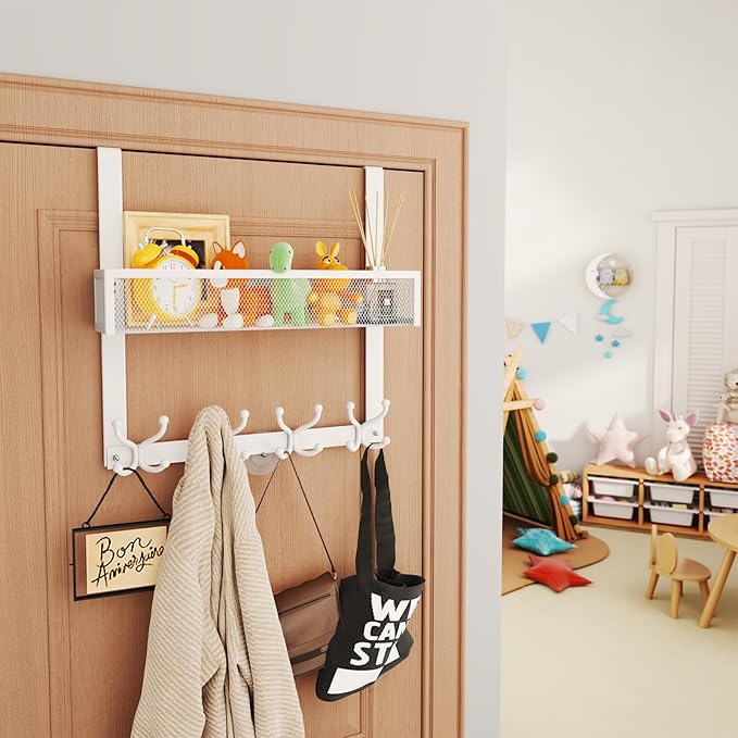 SWTYMIKI Over The Door Hook with 16 Hooks & Mesh Baskets - Heavy Duty Over The Door Organizer Hanger for Towels, Coats, Cloth