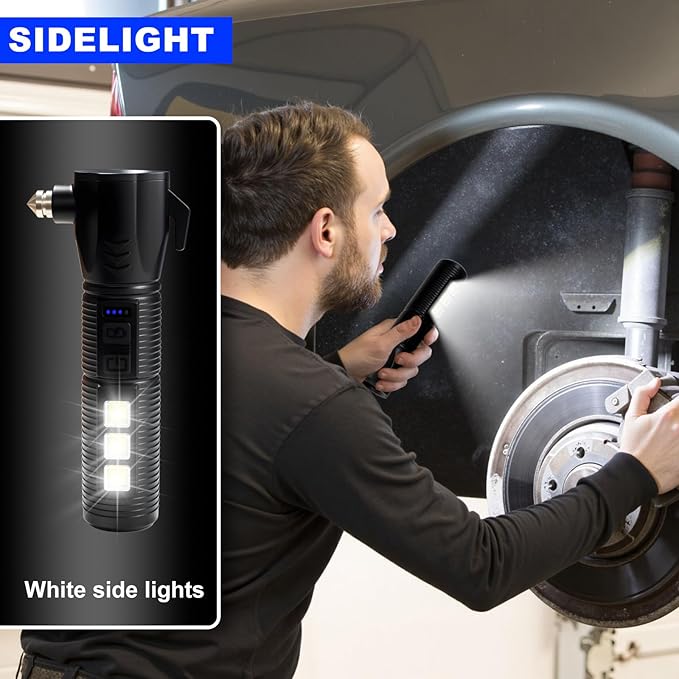 Emergency Car Flashlight - 2000 Lumen Dual Light 4-Level Battery Indicator Window Breaker & Seatbelt Cutter USB Rechargeable 