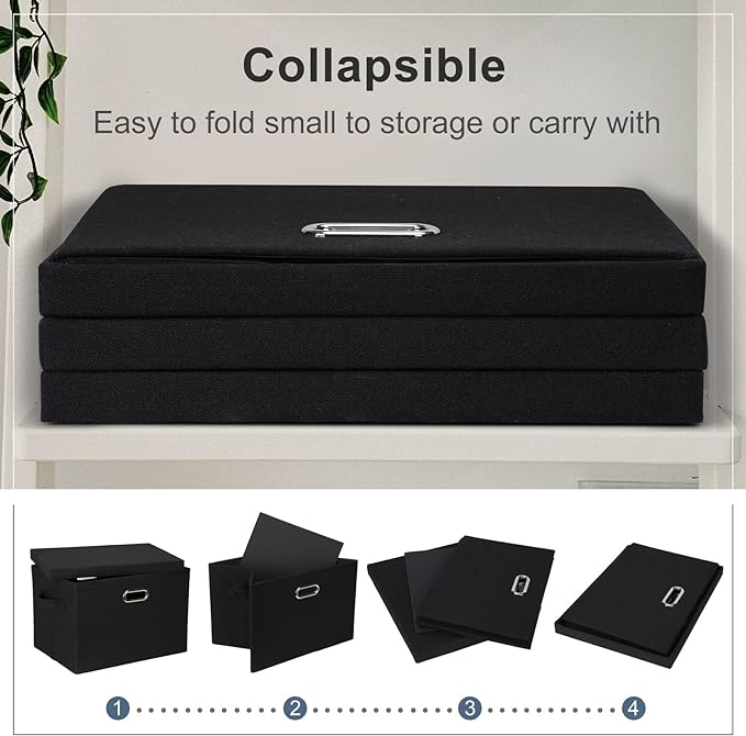 Graciadeco Large 17" 36 Quart Collapsible Stackable Storage Bins with Lids, 5 Packs Black Linen Fabric Closet Boxes with Lids