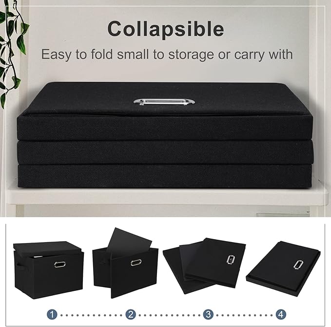 Graciadeco Large 17" 36 Quart Collapsible Stackable Storage Bins with Lids, 3 Packs Black Linen Fabric Closet Boxes with Lids