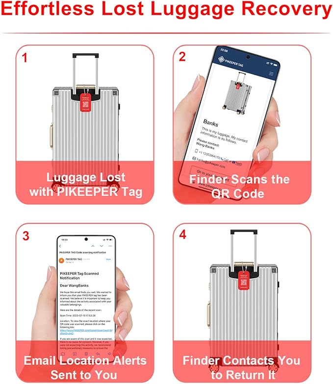 Engraved Aluminum Luggage Tag, American Flag Suitcase ID Tag with Smart QR Code for Lost & Found, Shows Scanner’s Location Wh