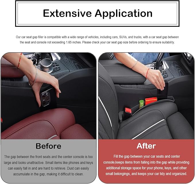 Car Seat Gap Filler Organizer, 2 Pack No-Drop Seat Side Gap Filler Plug Strip with Storage & Belt Slot, Universal Fit Auto Catcher Fill The Gap Between Seat & Console for Car, SUV, Truck, Red