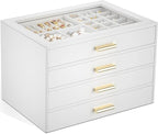 AKOZLIN Jewelry Box with Clear Lid Functional Leather Jewelry Storage Organizer Case 4 Drawers for Women Girls Necklace Ring 