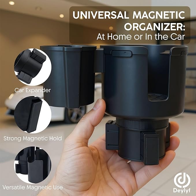Car Cup Holder Expander - 2 in 1 Adjustable Cup Holder Adapter Set with Magnetic Bottle Mount Accessory - Fits Big Cups and L