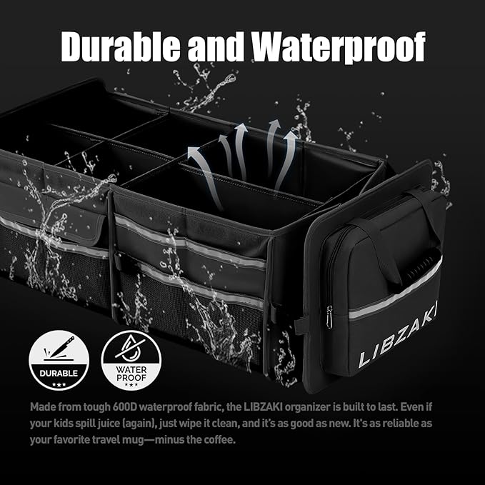 LIBZAKI Oversize 4 in 1 Car Trunk Storage Organizer, Multi Compartment Collapsible Trunk Storage Box with Cooler Bag for Car