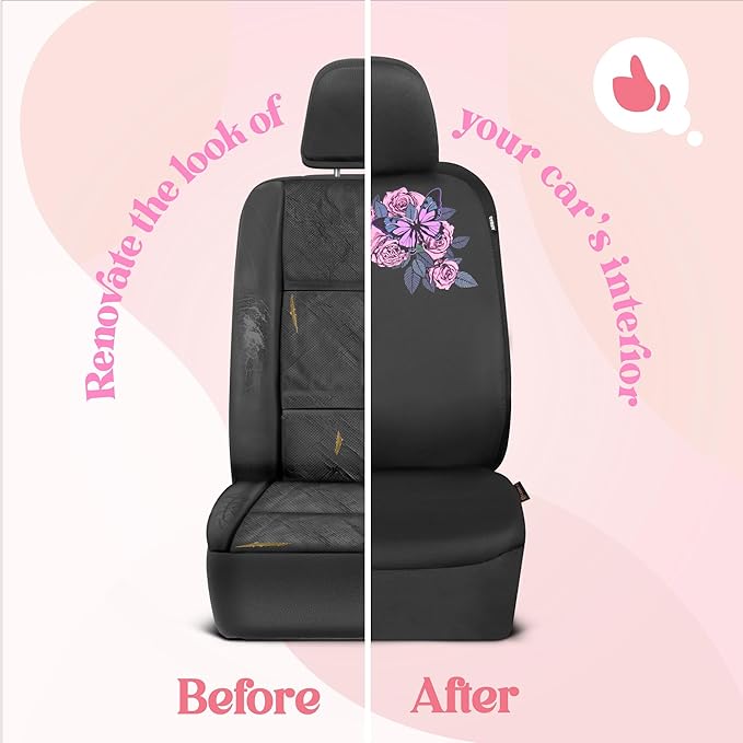 BDK Pink Butterfly & Flowers Car Seat Covers, Cute Car Accessories for Women Front Seat Covers for Car Fits Most Cars Trucks 