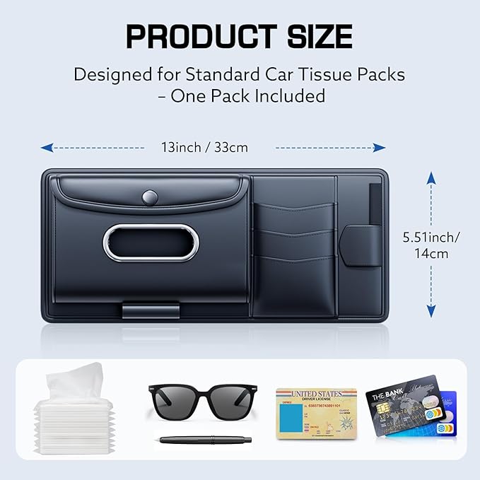 Leather Car Visor Organizer with Tissue Holder, Card Holder and Sunglasses Clip
