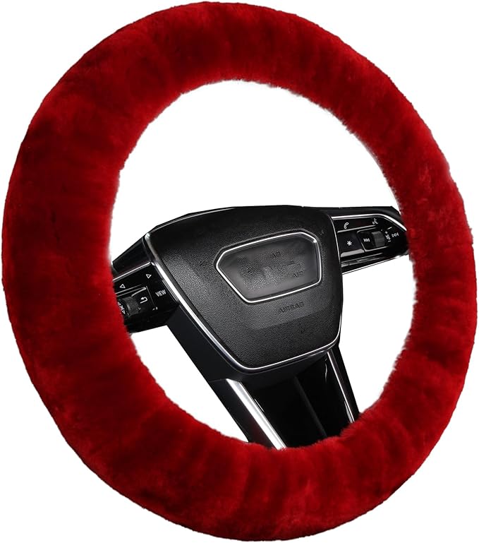 Soft Fluffy Wool Sheepskin car Steering Wheel Cover for Girls Women Universal car 14 1/2-15 1/2inchs (Claret)