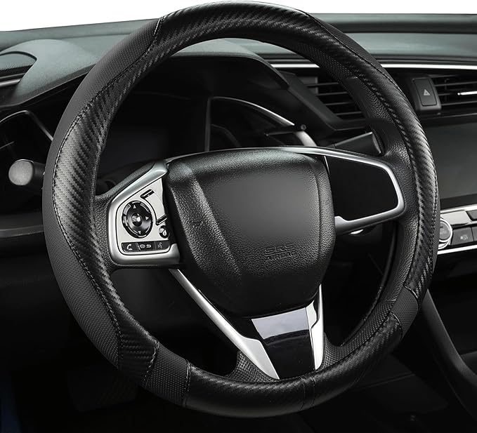West Llama Carbon Fiber Car Steering Wheel Cover for Honda,Anti-Slip, Full Surround Breathable Leather Auto Protector(Black o