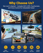 3 Channel Dash Cam with WiFi & GPS, Front and Rear/Inside, Voice Control 4K/2.5K+1080P+1080P Triple Dash Camera for Cars, 3" 
