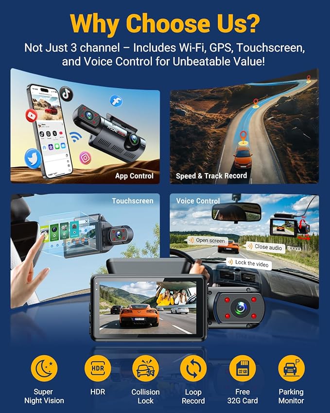 3 Channel Dash Cam with WiFi & GPS, Front and Rear/Inside, Voice Control 4K/2.5K+1080P+1080P Triple Dash Camera for Cars, 3" 