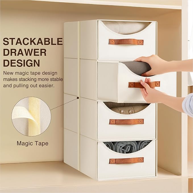 Homsorout Stackable Storage Drawers - Large Collapsible Storage Bins with Drawers, 4 Pack Closet Shelf Organizer Basket, Fabr