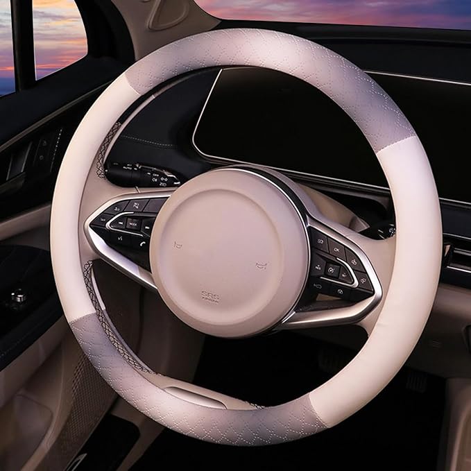 Steering Wheel Cover, Gray White Leather Steering Wheel Cover 14.5-15 Inch Non-Slip Breathable Microfiber Car Steering Wheel 